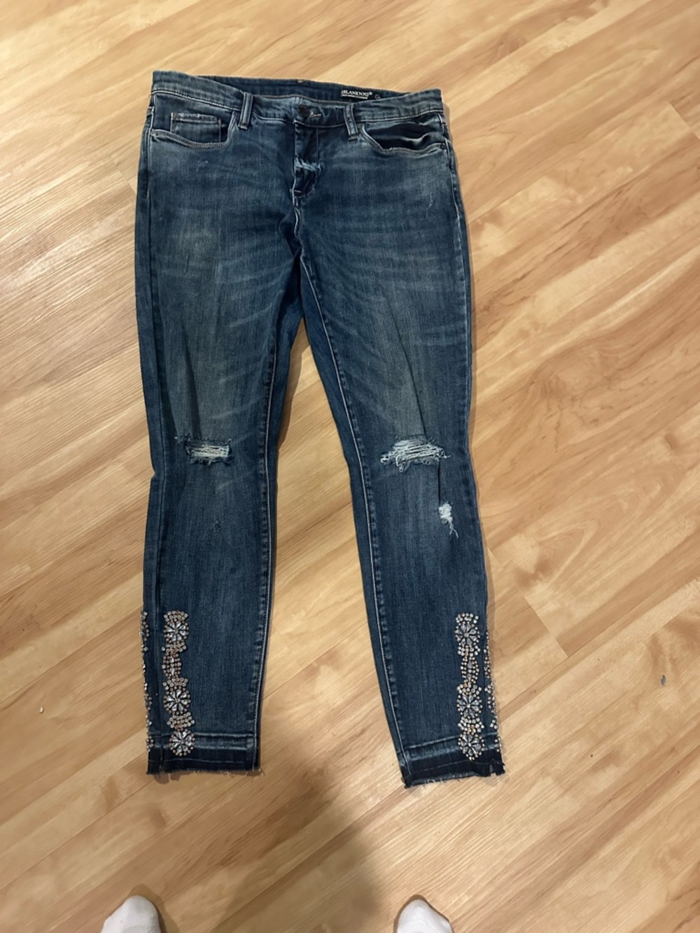 Blank NYC Dark Blue Distressed Ankle Jeans with Rhinestone Hem